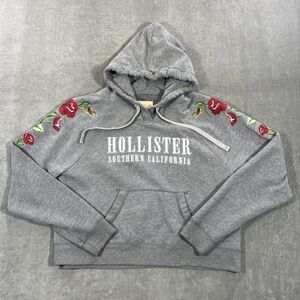 Hollister Womens Large Gray Red‎ Rose Flower Embroidered Cropped Hoodie